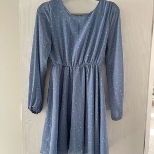 Blue Polka dot  Casual Sundress with Bishop Sleeves and Scoop Neck
